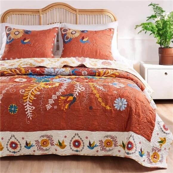 NEW Anthro Queen / King Floral Boho Reversible Quilt Bedspread Blanket Sham Set - Picture 1 of 13